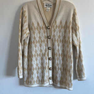 Ami Knits Womens Diamond Pattern Cardigan Sweater Off White Gold Size 10 Vintage